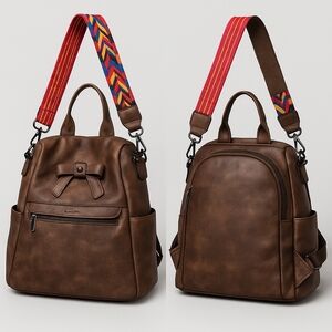 Shrrie Brown Faux Leather Backpack Purse – Bow Front, Multi-Color Strap, Convert